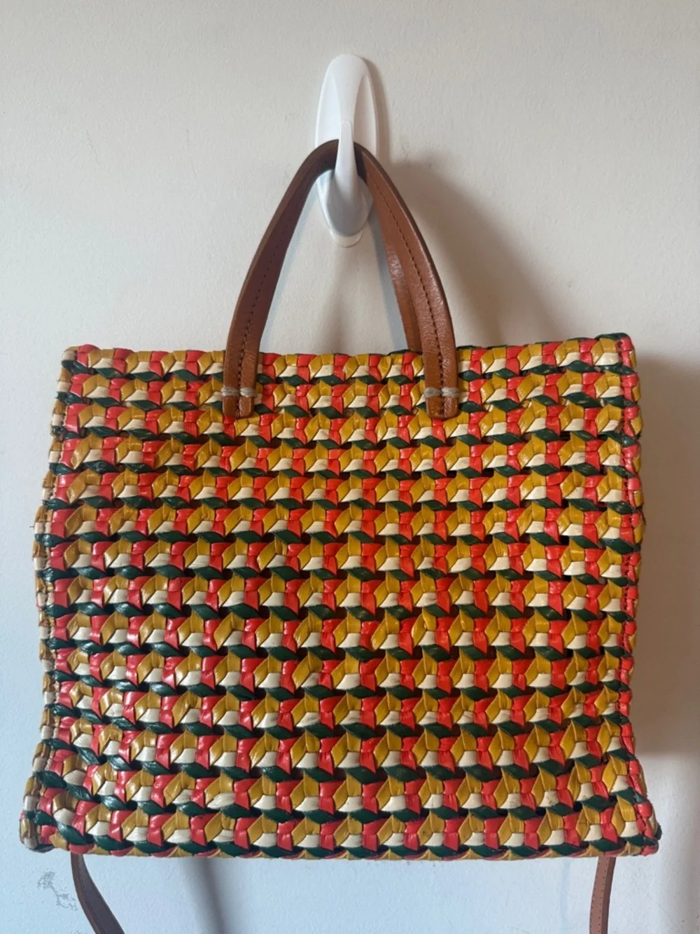 Clare V Multicolor Woven Tote in Red, Yellow & Green with Brown Handles - Picture 3 of 13